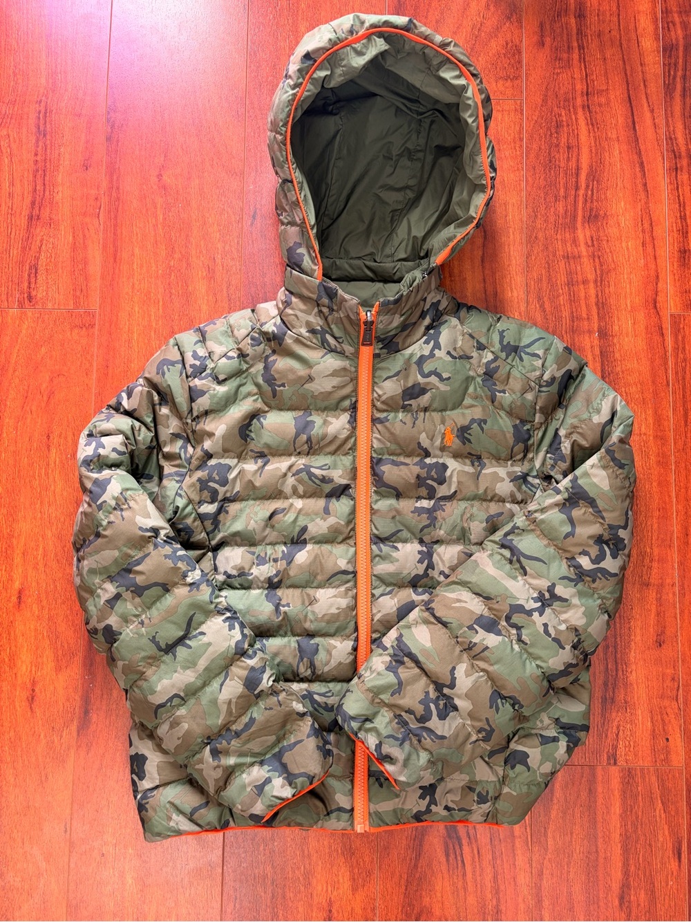Ralph Lauren Boys Camo Puffer Jacket with Orange Trim
